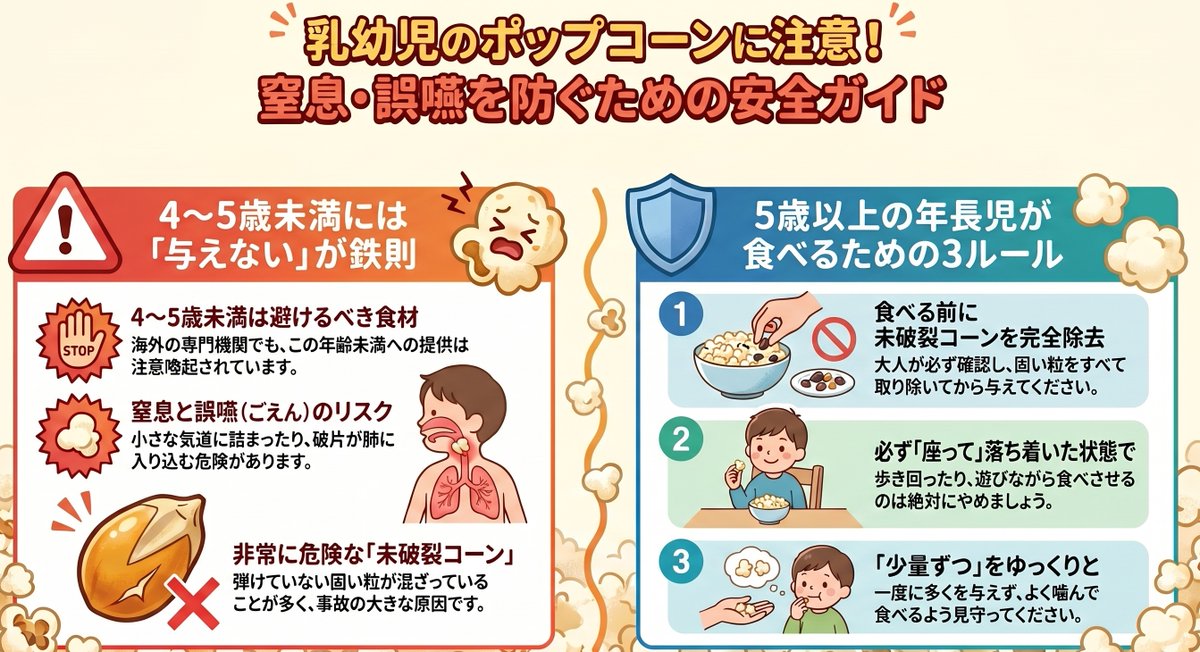 Dr_KID_'s tweet photo. 乳幼児にポップコーンを与えると、誤嚥や窒息のリスクがあります。特に未破裂のコーンが混ざっている危険があり、4〜5歳未満の子どもには与えないよう注意喚起されています。

年長児に与える場合であっても、必ず未破裂コーンを取り除き、座って落ち着いた状態で、少量ずつ食べさせることが重要です。 https://t.co/BSU1qMBoQr