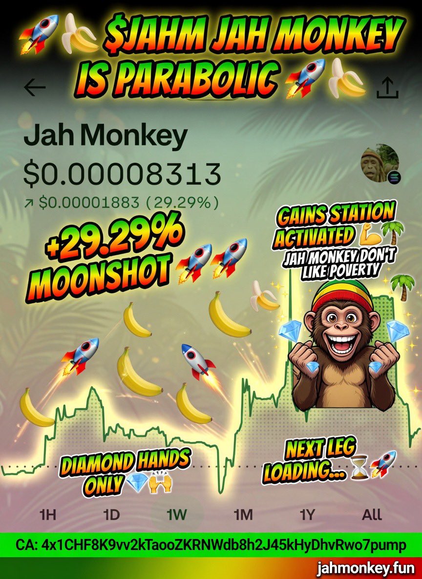 cajun_crypteaux's tweet photo. 🚨 Just asked Grok what he thinks of the $JAHM Jah Monkey chart…

Bro came back with 🔥
“Straight PARABOLIC on the 1W. Was chilling, then ROCKETED almost 30%+ in one move. Sitting at $0.00008313 and looking CLEAN as hell.”

This Rasta monkey is NOT playing 😂

Jah Monkey don’t like poverty… he’s training diamond hands at the Gains Station in the jungle 🍌💪🌴

Vibes are immaculate. Community is locked. This one feels like it’s just getting started.

Who else is loading up before the next leg?

CA: 4x1CHF8K9vv2kTaooZKRNWdb8h2J45kHyDhvRwo7pump
https://t.co/YGqwz1Vwxu

#Solana #Memecoin #PumpFun #ToTheMoon #DiamondHands #SolanaMemes #100xGem #Crypto #MemeSeason #GainTrain