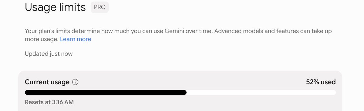 spadafordia's tweet photo. @GeminiApp I asked Pro ONE question, taking not even a minute, and as a paid user, I am at 52% usage. Coming from an actual Google fan: It's sadistic to keep posting about all these features while cutting almost ALL our quota!

@OfficialLoganK @joshwoodward @sundarpichai @vikaskansalHQ https://t.co/tm0QfnZrzm