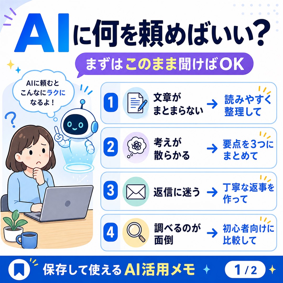 AIlabo_jp's tweet photo. AIに「何を頼めばいいかわからない」人へ。

まずは難しいプロンプトを覚えなくてOK。
日常の面倒ごとは、このまま投げるだけでかなり変わります。

保存用に早見表にしました。

#ChatGPT #AI活用 https://t.co/Cc0XPwuwNb