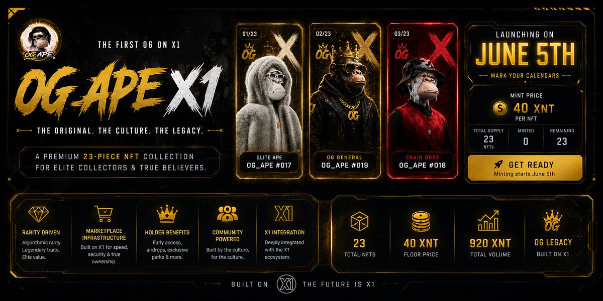 OGAPE_X1's tweet photo. THE FIRST OG ON X1 IS COMING 🦧🦧
OG_APE_ X1 officially LAUNCHES JUNE 5TH.
23 exclusive NFTs.
Built for culture. Built for legacy.
⚡ MINT: 40 XNT
⚡ LIMITED EDITION AND SUPPLY 
⚡ OG UTILITY 

The future is X1. 🦍🔥
#OGAPEX1 #X1 #NFT #Web3 #XNT #CryptoCommunity https://t.co/zbiVhkrmVx
