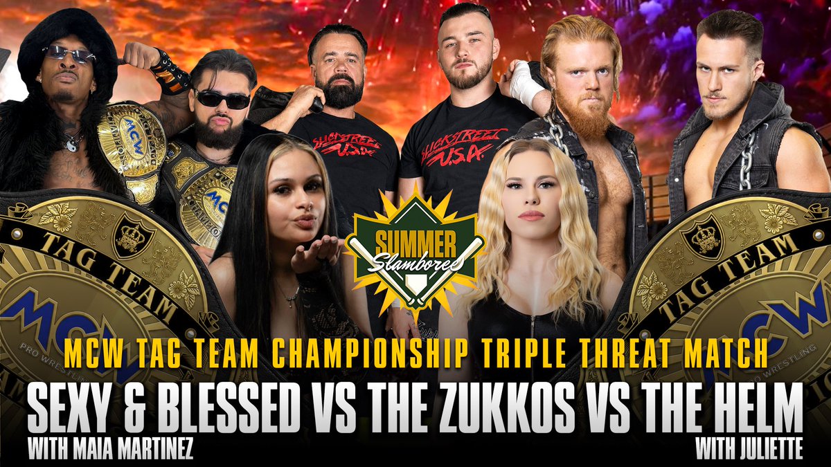 MCWWrestling's tweet photo. 3️⃣ TEAMS.
1️⃣ CHANCE AT GOLD.

Sexy & Blessed defend the #MCW Tag Team Championships against former champs Ronnie & @RyanZukko AND the explosive duo of Drew Blackwood & Tyler Root aka The Helm.

This one is gonna erupt 💥

📍 Joppa, #Maryland
📅 Saturday June 13th
🎟 https://t.co/DPJGKFN4Ec

ONLINE EXCLUSIVE Family 4️⃣ Pack available now‼️