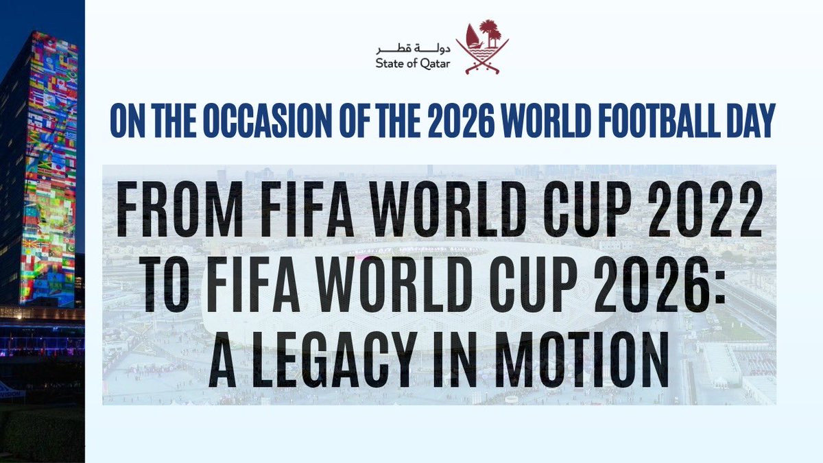 QatarAtUN's tweet photo. 📺Tune in live now as we convene Member States &amp; partners at @UN HQ to reflect on the enduring legacy of @FIFAWorldCup Qatar 2022, &amp; the shared path toward the FIFA #WorldCup2026. ⚽️
Join us here ⬇️
https://t.co/xFm7lYKFN5
@USUN @CanadaUN @MexOnu 

@MofaQatar_EN @RoadtoQatar_en https://t.co/oA8ihwnu1A