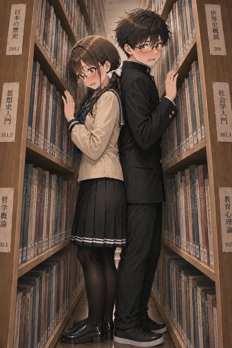 boot_to_boot's tweet photo. 図書室の狭い通路で背中合わせに
すれ違おうとして挟まってしまった二人。

#AIイラスト
#尻合わせ https://t.co/p0YORMs6r3