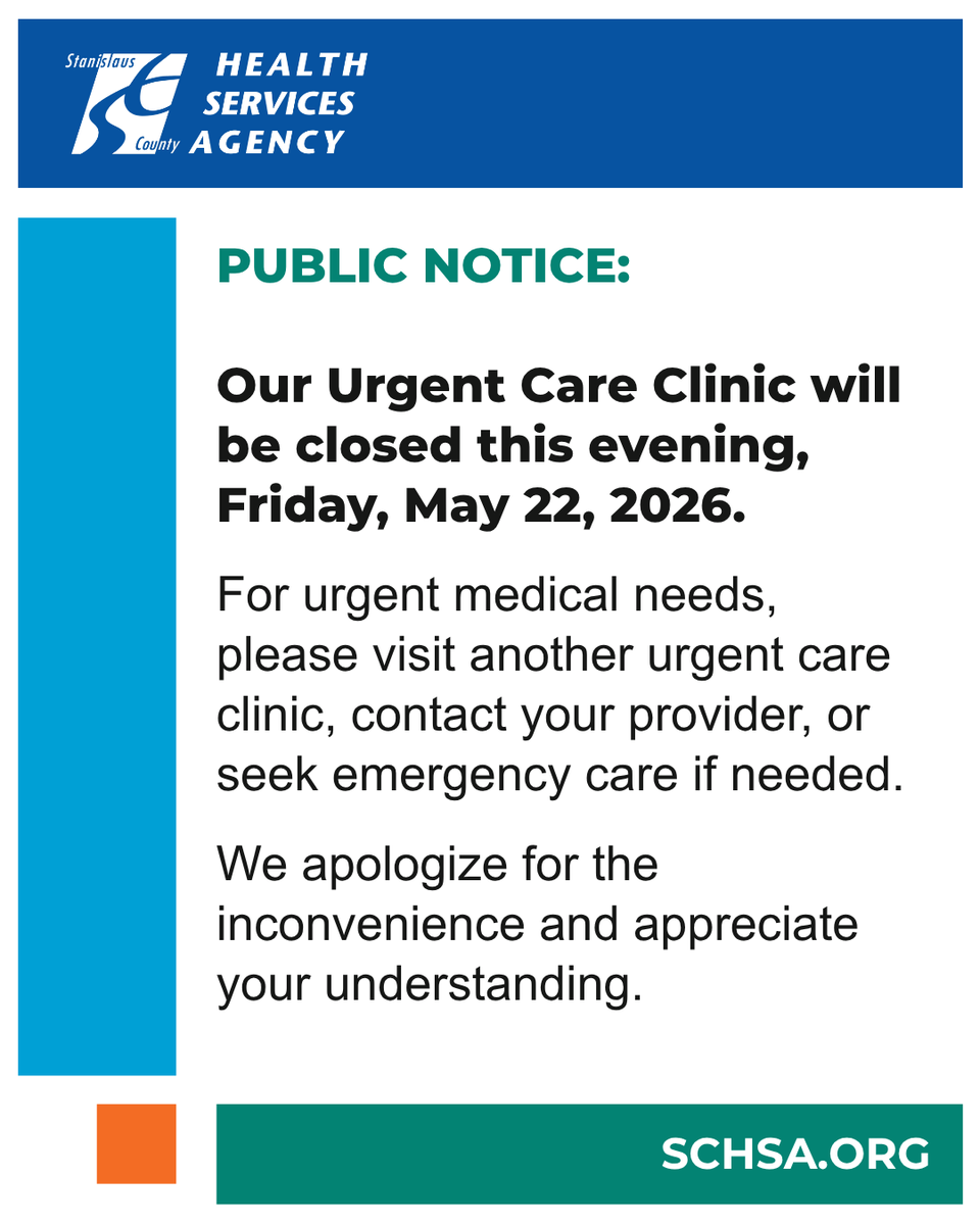 SCHSA's tweet photo. Our Urgent Care Clinic will be closed this evening. For urgent medical needs, please visit another urgent care clinic, contact your provider, or seek emergency care if needed. We apologize for the inconvenience and appreciate your understanding.

#StanislausCounty #SafetyFirst #StanCountyHSA #StanislausCountyPublicHealth

Nuestra clínica de urgencias permanecerá cerrada esta tarde. En caso de necesidad médica urgente, acuda a otra clínica de urgencias, póngase en contacto con su médico o solicite atención de urgencias si es necesario. Lamentamos las molestias y agradecemos su comprensión.