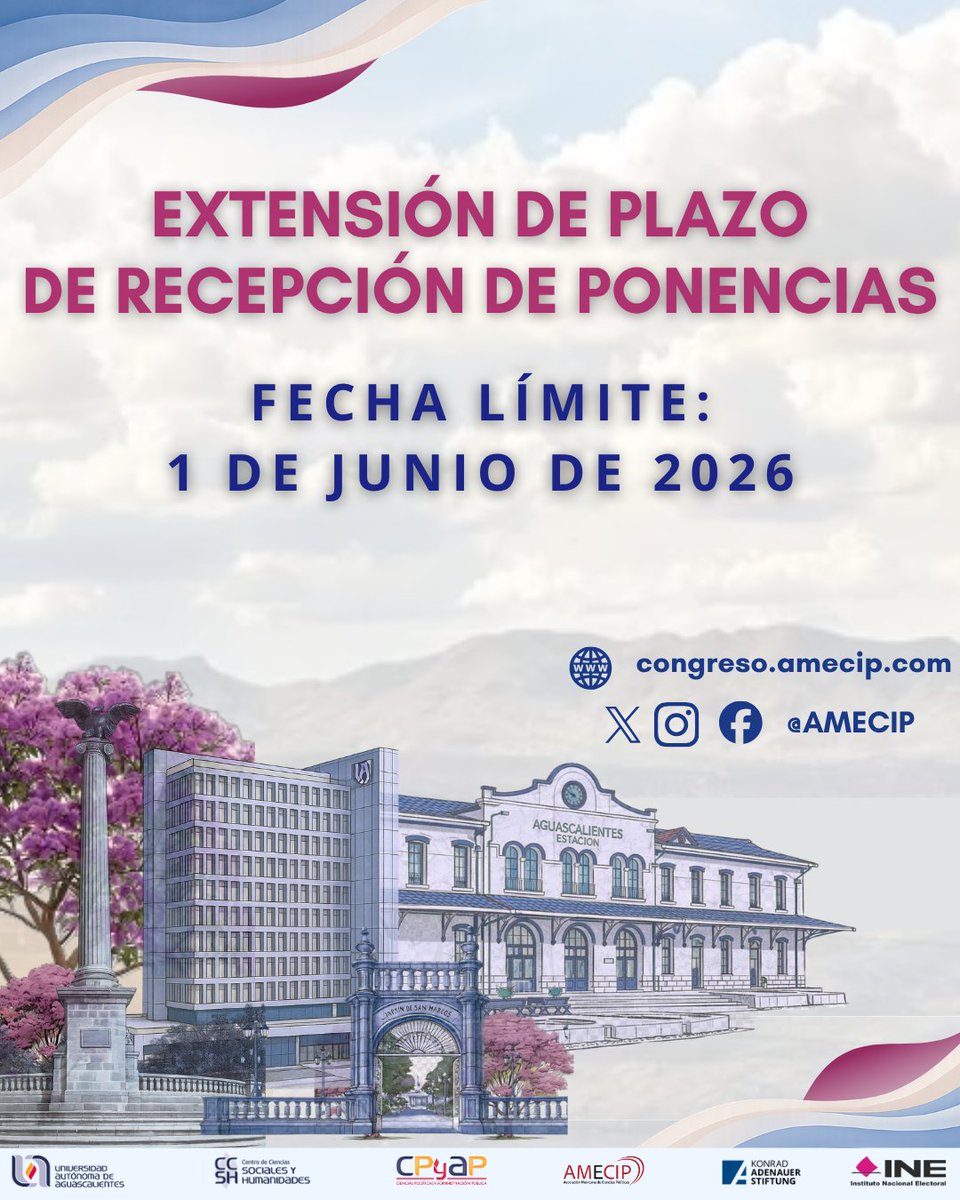 AmecipOficial's tweet photo. 🚨 ¡AVISO IMPORTANTE!
📚 Debido a la alta demanda y al gran interés de la comunidad académica, el plazo para el registro de ponencias del XIV Congreso Internacional de Ciencia Política AMECIP se extiende hasta el 1 de junio de 2026.
¿Aún estás trabajando en tu propuesta? Esta es tu oportunidad para compartir tu investigación, presentar tus ideas y formar parte de uno de los encuentros académicos más importantes para la comunidad politológica en América Latina.

📃 Registra tu ponencia en:
https://t.co/EcwISHKbf5

🌐 Soporte técnico:
https://t.co/Gml5Jh8B9r

#AMECIP2026 #CienciaPolítica #CongresoInternacional #Democracia #CienciasSociales