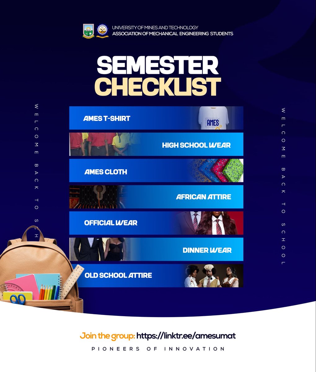 amesumat's tweet photo. 📚✨ AMES-UMaT Semester Checklist ✨📚

From AMES T-Shirts 👕 to Dinner Wear 🍽️, get ready for a semester full of style, culture, and unforgettable memories 🔥

Stay prepared. Stay active. Stay involved. 🚀

#AMESUMaT #PioneersOfInnovation https://t.co/xKyscXvz0E