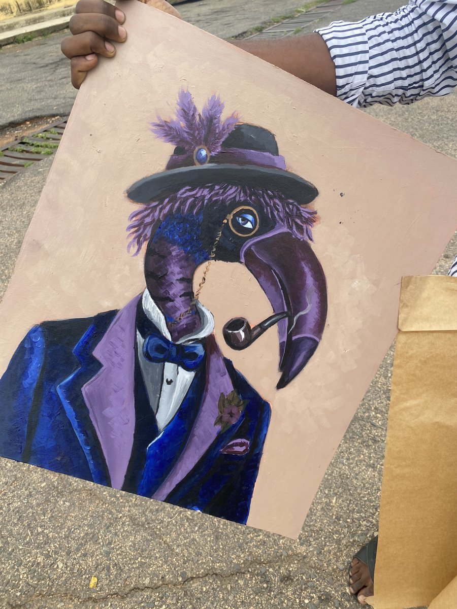 WagmiQueen's tweet photo. painted for four days straight.

studied every detail of The B. the hat. the feathers. the monocle. the pipe. the coat. built it all from scratch on board with acrylic because I wanted to give this universe something real from my hands.

missed the art submission.
missed the UGC writing contest.
150 guaranteed spots. 50 FCFS. I was not in either.

I am not going to pretend that doesn’t hurt.
I have been here since the beginning. studying this project deeper than most. building tools for the community. writing threads. making physical art. two separate pieces. markers on paper. acrylic on board. four days on this last one alone.

and I keep arriving at doors that just closed.
I don’t say this for pity. I say this because I need someone on the @thebeaksart team to actually see this canvas.
look at it.

the purple feathers. the monocle catching light. the pipe sitting at the beak the way confidence sits on someone who has nothing to prove. the blue coat. the boutonnière. the bow tie.
I felt every brushstroke. I thought about @DKashtalyan the entire time I painted it.
I am a builder from Lagos who found a universe 6000 kilometres away and gave it everything I had before anyone asked me to.
if that means nothing then I’ll accept it quietly.
but if anyone can see this 

please see this. 🦩
@thebeaksart @DKashtalyan @ssheyii​​​​​​​​​​​​​​​​
@kelvinoyibo2 @tessonchain @MartKAD @help 🥺😭😭😭😭😭