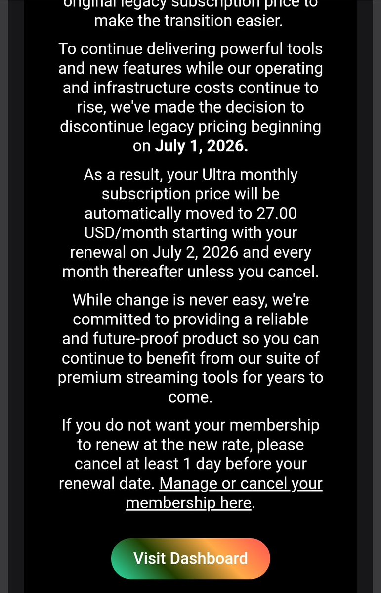ShadowSerpent9's tweet photo. So the one thing I've continued to pay for was @streamlabs . 
I've had Ultra for I think like 5 years or more? I love the features, multi streaming, so many helpful and accessible things for someone like me, who's brain doesn't always click. 
So this price change hurts me. https://t.co/c6Dpfpf7Pr