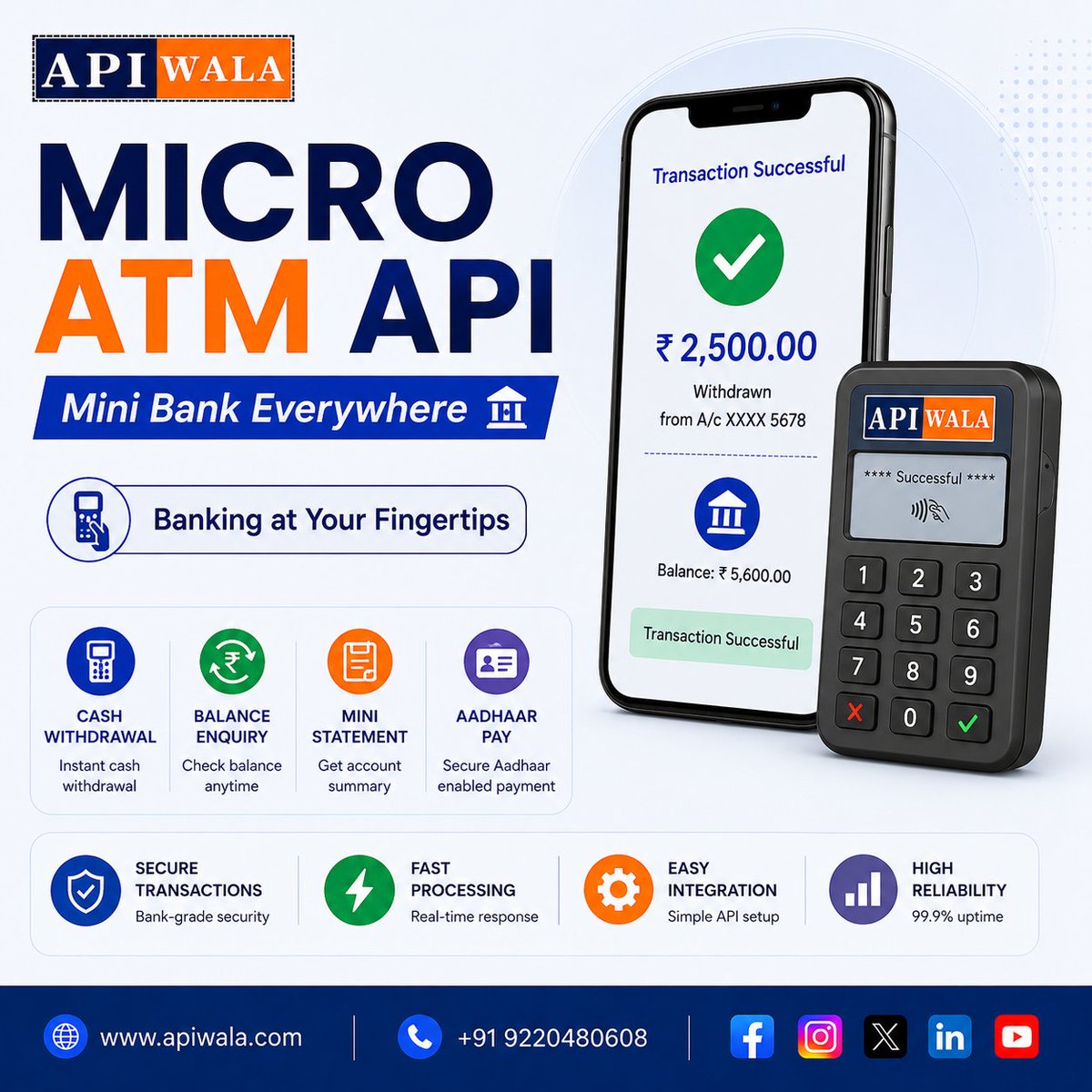 apiwala's tweet photo. 🏧 Empower digital banking with the secure Micro ATM API solution by APIWALA!
 with fast &amp; reliable API integration. 🚀
✨ Mini Bank Everywhere
🌐 https://t.co/BBXFwXzQ8j
📞 +91 9220480608
#APIWALA #MicroATMAPI #AEPS #DigitalBanking #CashWithdrawal #FintechIndia #BankingAPI https://t.co/lCxRSIV2aT