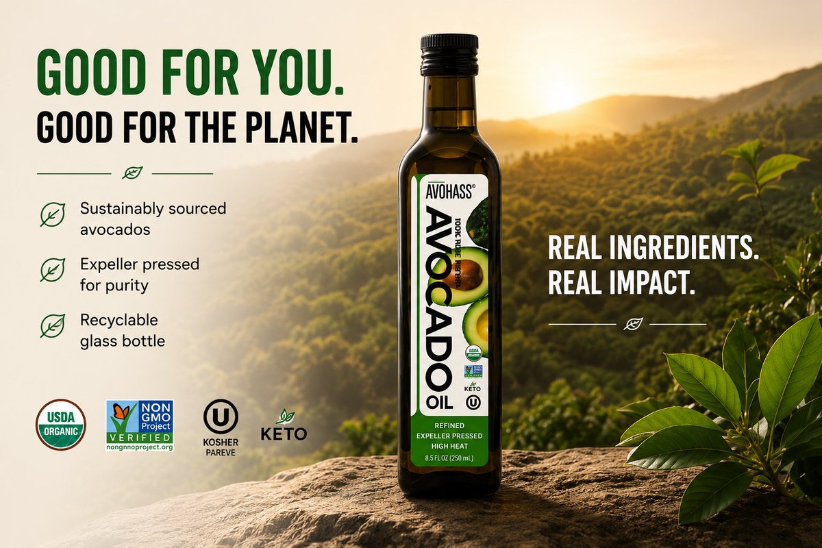 Avohass's tweet photo. Good for you. Good for the planet. 🌎🥑

Clean, high-heat avocado oil with a neutral flavor and real ingredients.

Shop Avohass Organic Refined Avocado Oil at https://t.co/pcz0R3KDzZ https://t.co/e79CuBxzlp