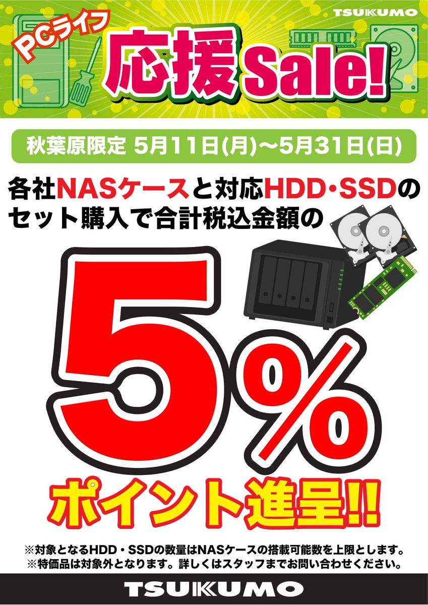 3F】～5/31まで 各社NASケースと対応HDD・SSDを一緒にご購入いただくと