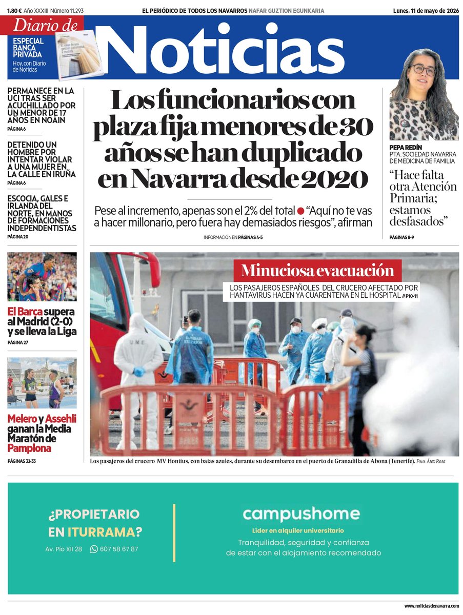 NoticiasNavarra's tweet photo. ¡Buenos días! Egun on! Consulta la portada de DIARIO DE NOTICIAS de este lunes 11 de mayo https://t.co/gbwTArk1Yg || Accede a la versión de la edición impresa en PRESST 🗞️: https://t.co/ms2OmL5Cxp https://t.co/rYKqsz9c6U