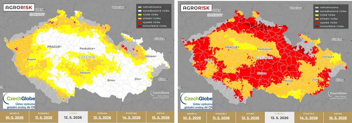 AgroriskC's tweet photo. Aktualizované mapy rizika nízkých teplot 12-13.5. Úterní předpověď je trochu mírnější, zatímco ve středu při jasné obloze přízemní mrazíky stále hrozí. V červených oblastech tedy pozor u vzcházejících brambor nebo zelenin, doporučujeme přikrýt rostliny textilií. https://t.co/s0mbXEorai