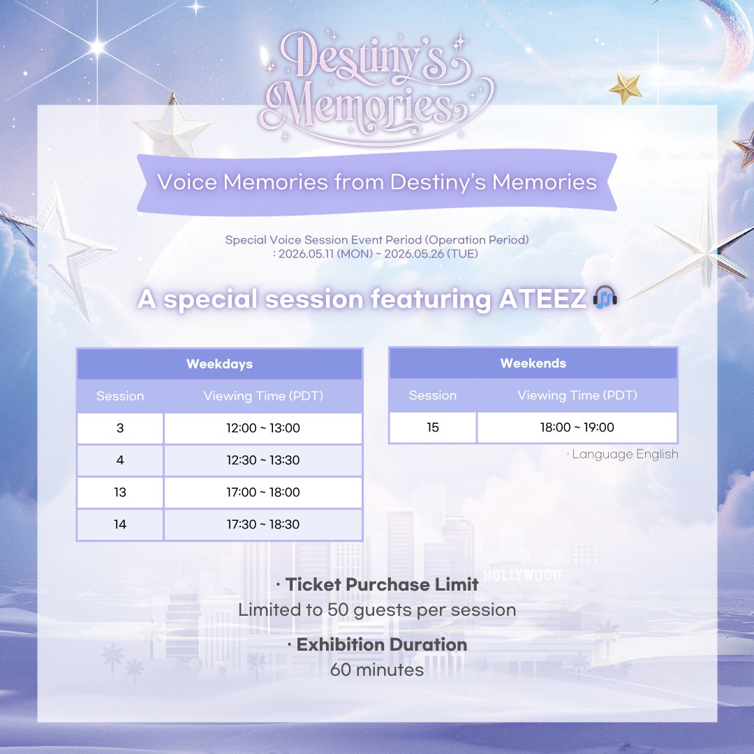 ATEEZ_EX_DM's tweet photo. ATEEZ EXHIBITION
🌙Destiny's Memories in LA🌙

📢Voice Memories from Destiny's Memories

Experience the special stories behind each exhibition space through ATEEZ voices 🎧
Please check the image for more details ✨

⋆⁺₊⋆ ⋆⁺₊⋆ ⋆⁺₊⋆ ⋆⁺₊⋆ ⋆⁺₊⋆⁺₊⋆ ⋆⁺₊⋆ ⋆⁺₊⋆ ⋆⁺₊⋆ ⋆⁺₊⋆

📅 2026.04.16 (THU) - 2026.05.26 (TUE) 
📌844 N La Brea Ave, Los Angeles, CA 90038
📍Ticket Purchase : https://t.co/8HrsZLPciH

#ATEEZ #에이티즈 #DestinysMemories #데스티니스메모리즈 #DestinysMemoriesinLA #ATEEZEXHIBITION