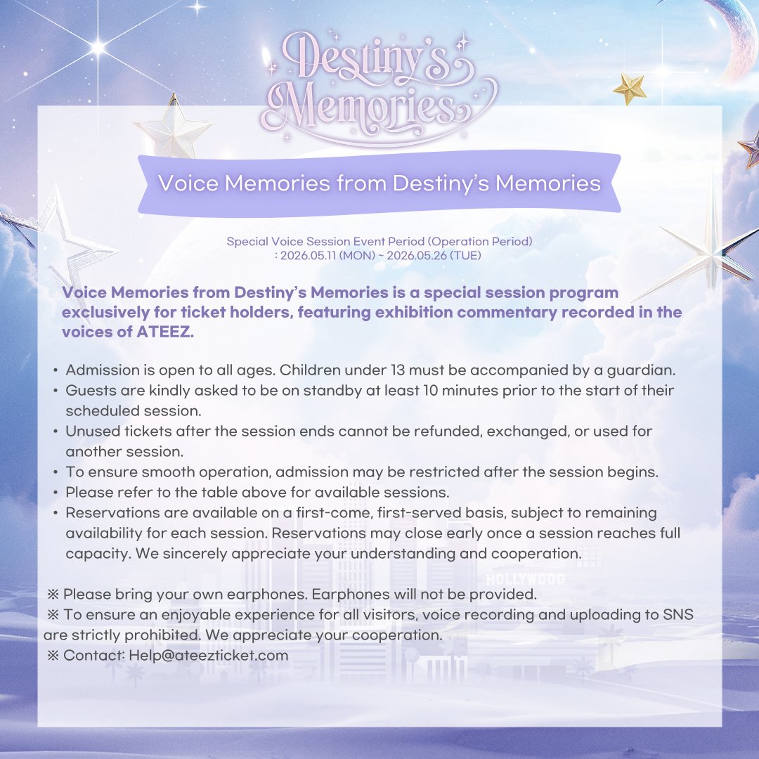 ATEEZ EXHIBITION
🌙Destiny's Memories in LA🌙

📢Voice Memories from Destiny's Memories

Experience the special stories behind each exhibition space through ATEEZ voices 🎧
Please check the image for more details ✨

⋆⁺₊⋆ ⋆⁺₊⋆ ⋆⁺₊⋆ ⋆⁺₊⋆ ⋆⁺₊⋆⁺₊⋆ ⋆⁺₊⋆