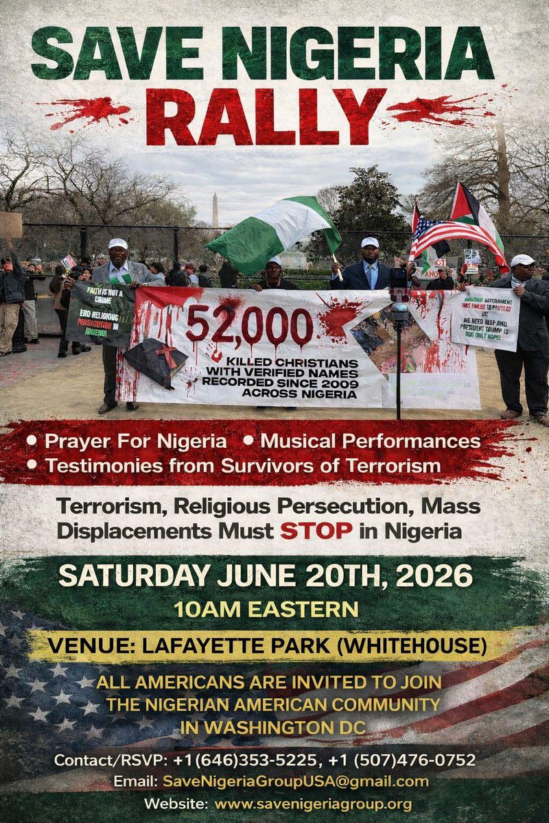 StephenOSEMWEGI's tweet photo. 1 person is killed every 41mins, 35 killed daily, for their Faith or lack thereof in Nigeria 🇳🇬. 

Since January 1st 2026 to date approximately 3000 persons (likely higher) have sadly lost their lives to violent terrorists claiming to be create “an Islamic Caliphate”. They target 🎯 Christians, Moderate Muslims who refuse their extremism. 

ISIS, Bokoharam , Fulani Ethnic Militia Terrorists cannot be allowed to succeed. 
The World 🌎 led by America 🇺🇸 decimated ISIS is Syria 🇸🇾. They relocated to Africa and are regrouping with a vengeance against the West African Subcontinent. 

Nigeria 🇳🇬 is in Danger ⛔️. AMERICA 🇺🇸 Might is urgently needed to Crush these devils and Take away their “Safe Havens” in the Lake Chad Basin”

Join US on June 20th 2026 in Washington DC. 

RSVP for “Save Nigeria Rally” 
https://t.co/G0jR15fA5a

Date : Saturday June 20th, 2026
Time: 10am 🕙 EST 
Venue: Lafayette Park, Washington DC.

Give a Gift of any amount to Help us organize this important Solidarity Rally in Washington DC👇🏾

https://t.co/rMfwr3XYwm