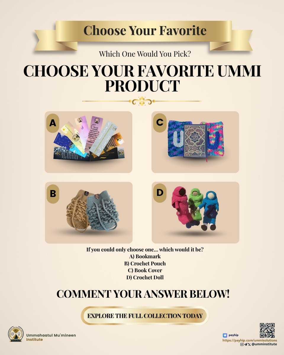 UMMInstitute's tweet photo. ✨ Which one would you pick?
If you could only choose one…

A) Bookmark 📖
B) Crochet Pouch 🧶
C) Crochet Doll 🧸
D) Book Cover 📚

Small, meaningful pieces made with care 🤍
💬 Comment your answer below — we want to know!

🛍️ Explore the full collection:
https://t.co/A27KLGrMd6 https://t.co/wNLbIptPeI