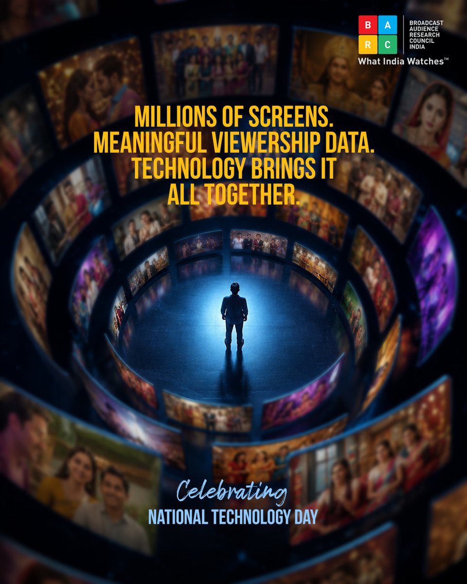 BARCIndia's tweet photo. Million screens, infinite data, and the technology that brings it all together. Today is a tribute to the power of systems that help us understand our world, one innovation at a time.

#BARCIndia #NationalTechnologyDay #TechInnovation #DataScience #DigitalIndia #FutureOfTech https://t.co/C5nLUMwSct