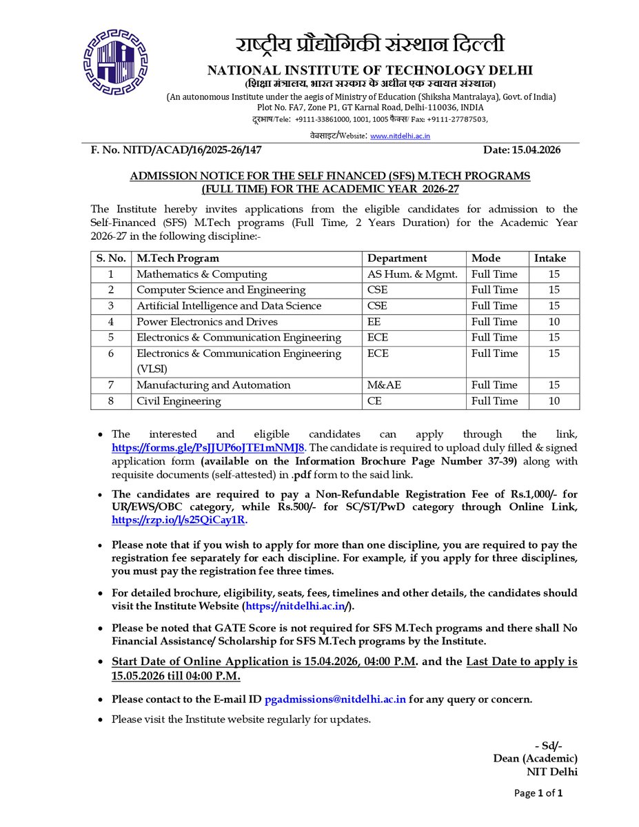Nitdofficial's tweet photo. 🎓📢 Admissions Open for Self-Financed (SFS) https://t.co/lQjgFsqxCG Programs 2026-27 at NIT Delhi! 🚀
#NITDelhi #MTechAdmissions #AdmissionsOpen #HigherEducation #Engineering #MTech
Visit for more info on: https://t.co/TzXvMzU5ln

@EduMinOfIndia 
@drajayksharma https://t.co/a2WZXsUJa6