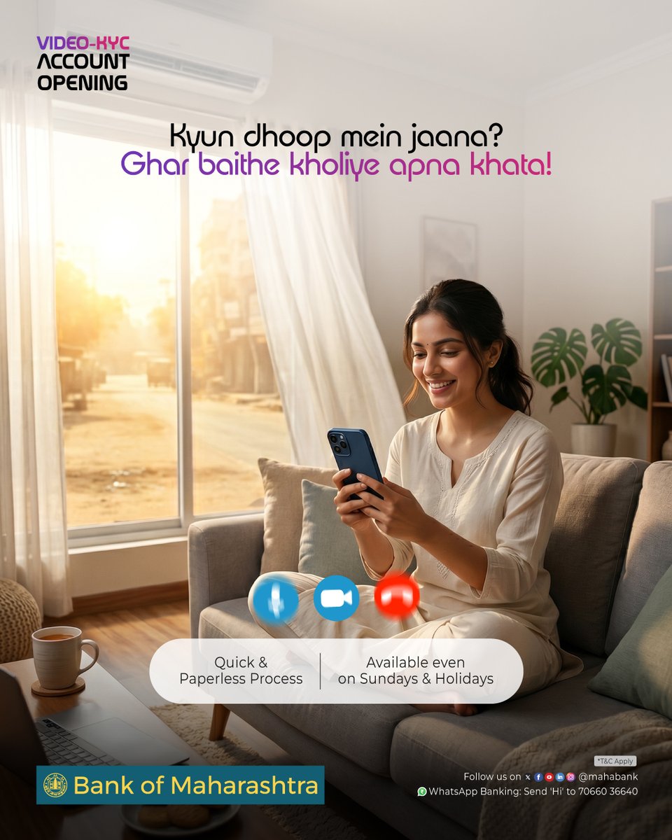mahabank's tweet photo. Why step out in the sun when Bank of Maharashtra brings banking to your home? Open your account with our Video‑KYC facility, its quick, paperless and available even on Sundays & holidays. Open now!
#VideoKYC #VKYC #DigitalBankAccount https://t.co/7d08Hkqe6o