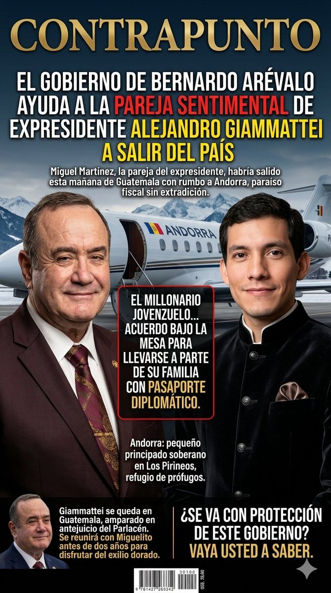 🚨🚨 Urgente Guatemala 🚨🚨 
Miguel Martinez ha huido del país junto con su familia para Andorra con Miles de millones de Dólares.
El medio La Revista ha publicado está noticia Bomba.

Miguel Martínez la pareja sentimental del expresidente Alejandro Giammattei habría salido esta