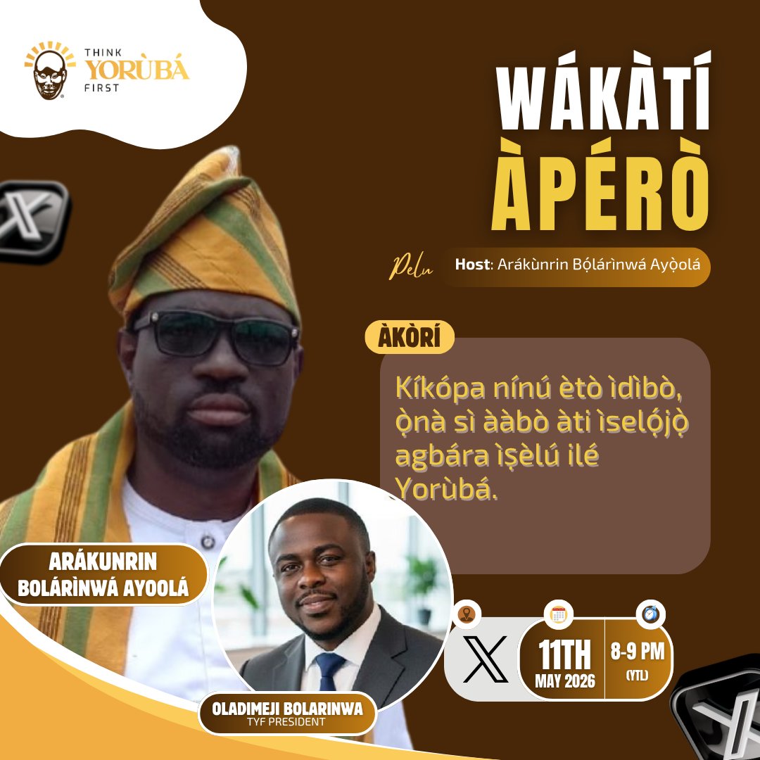 🔥 Darapọ̀ mọ́ wa lórí Wákàtí Àpérò — 8PM YLT 🔥

Àkòrí: Kíkópa nínú Ètò Ìdìbò, Ọ̀nà sí Ààbò àti Ìṣèlọ́jọ̀ Agbára Ìṣèlú Ilẹ̀ Yorùbá

Olùbánisọ̀rọ́: Arákùnrin Bọ́lárìnwá Ayọ̀olá

Ìdìbò kì í ṣe fífi ìwé sí àpótí nìkan — ó jẹ́ ọ̀nà pàtàkì fún ààbò, aṣojú rere, àti