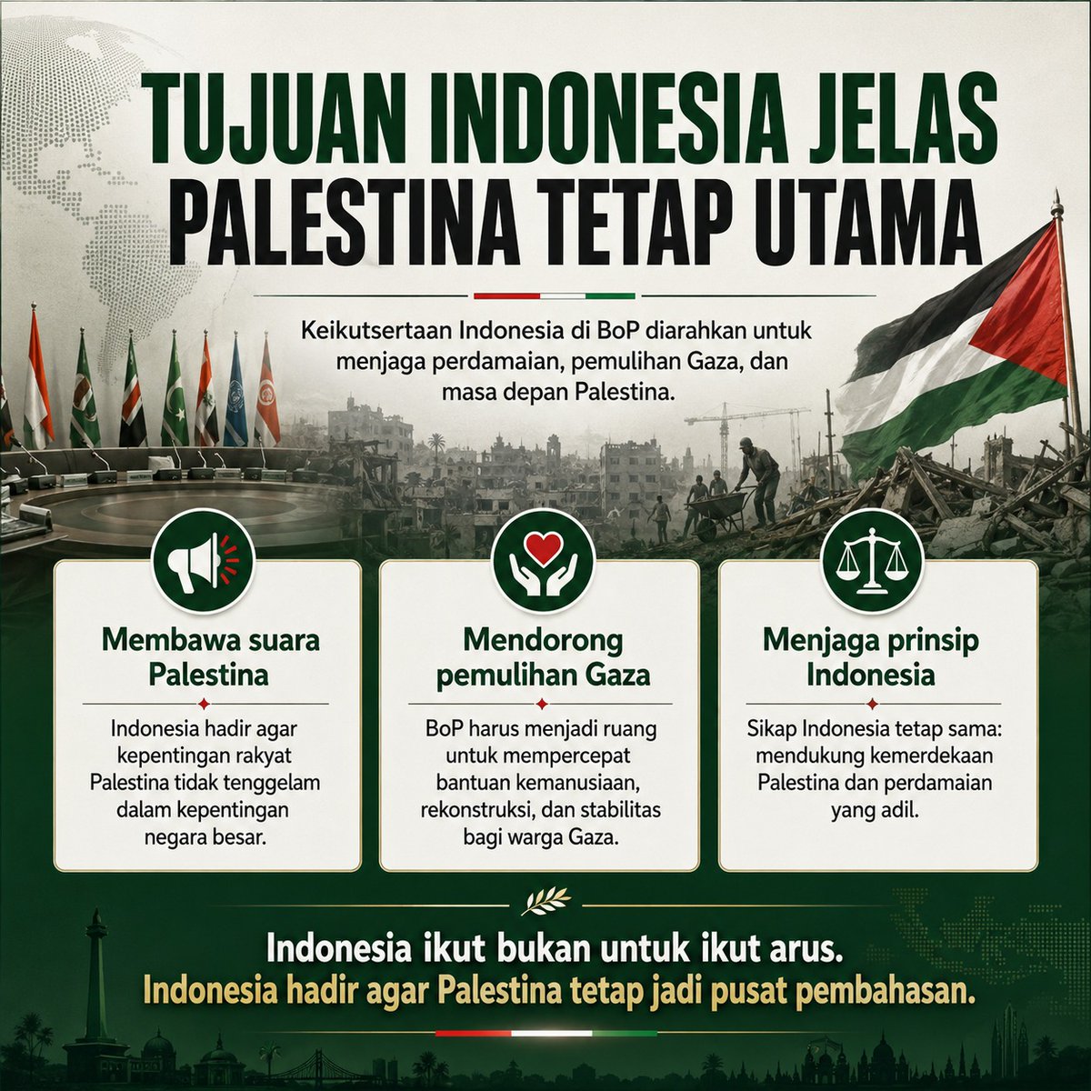pagisendja's tweet photo. Indonesia hadir di Board of Peace untuk memastikan Palestina tetap utama dalam agenda internasional. #BoardOfPeace menjadi ruang diplomasi agar suara Palestina, pemulihan Gaza, dan perdamaian adil terus dikawal. https://t.co/KFnTXSsDOp