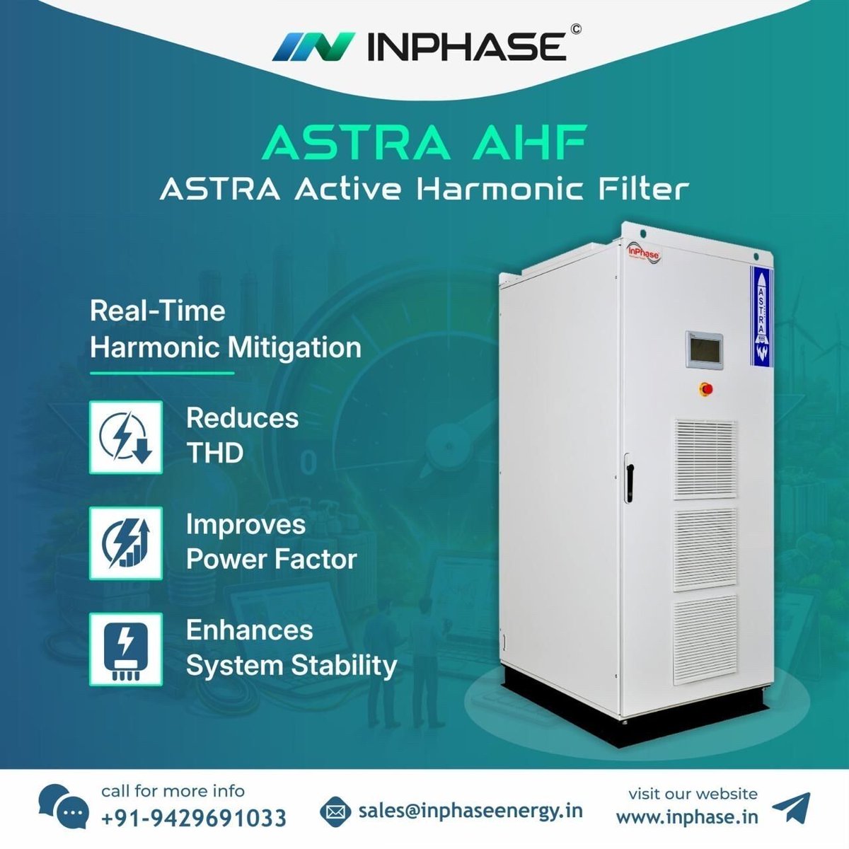 inphaseindia's tweet photo. Power quality issues reduce efficiency and equipment life. InPhase ASTRA Active Harmonic Filter mitigates harmonics in time to reduce THD, improve power factor, and stabilize systems for reliable power. #PowerQuality #SmartPower #EnergyEfficiency #ElectricalEngineering #InPhase https://t.co/9Wvh00nPW5