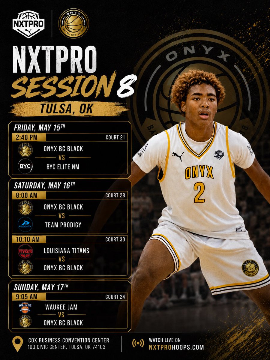 onyxbasketball's tweet photo. Our teams games for our upcoming weekend for session 8 in Tulsa, Ok! Our gold team has a tough game against Cooz Elite Pro-16, watch out for that one! The black team has some tough games too! @NxtProHoops @PRO16League #basketball #nxtpro https://t.co/wxoqu4u9K2