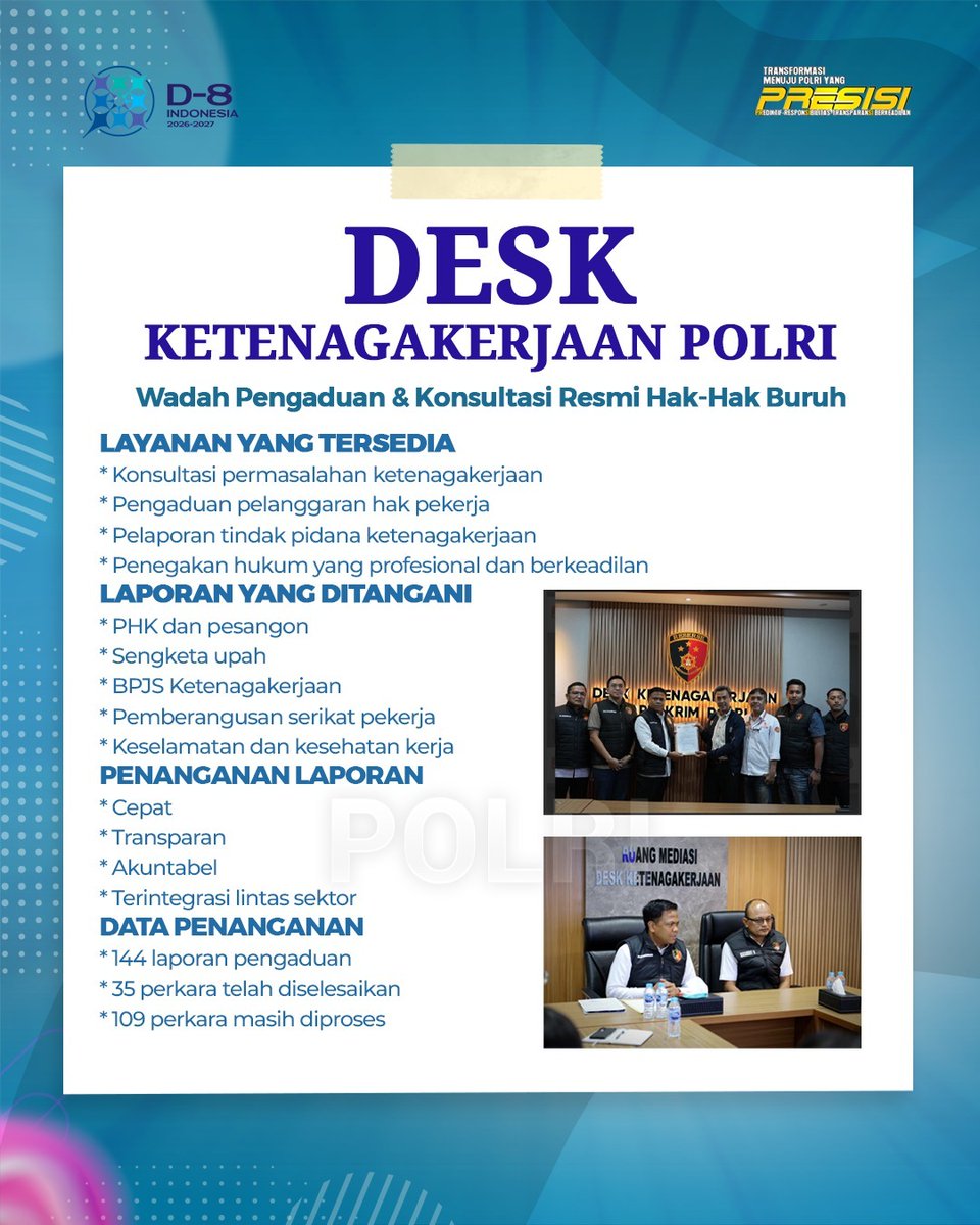 SIWASPolresta's tweet photo. Sobat Polri, Desk Ketenagakerjaan Polri hadir sebagai wadah resmi bagi pekerja dan buruh untuk berkonsultasi serta menyampaikan pengaduan. Layanan ini menangani berbagai persoalan, mulai dari PHK, pesangon, sengketa upah, BPJS, hingga keselamatan kerja.  #DeskKetenagaKerjaan https://t.co/Llm5AP0aDx