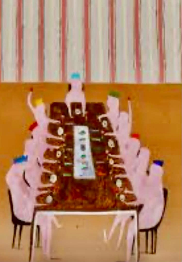 Aussie_GC_Man's tweet photo. $100,000 Archibald prize goes to Richard Lewer for his painting of an aboriginal elder 
Here is his other painting of naked people sitting around a table - ready to eat human heads on a plate 🤮 https://t.co/Zc8shkQ5jT