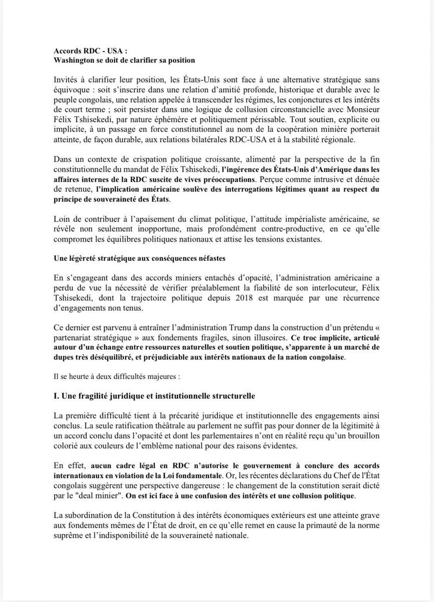 StanysBujakera's tweet photo. #RDC: «  les États-Unis sont appelés à réévaluer la viabilité politique et juridique de
ce partenariat pour ne pas devenir garants sinon complices d’une dérive autoritaire, au nom des
intérêts économiques et au risque d’embraser le pays. Dans une telle configuration, nul acteur,
ni sur le plan économique, ni sur le plan politique ne saurait en sortir gagnant », @LubayaClaudel
