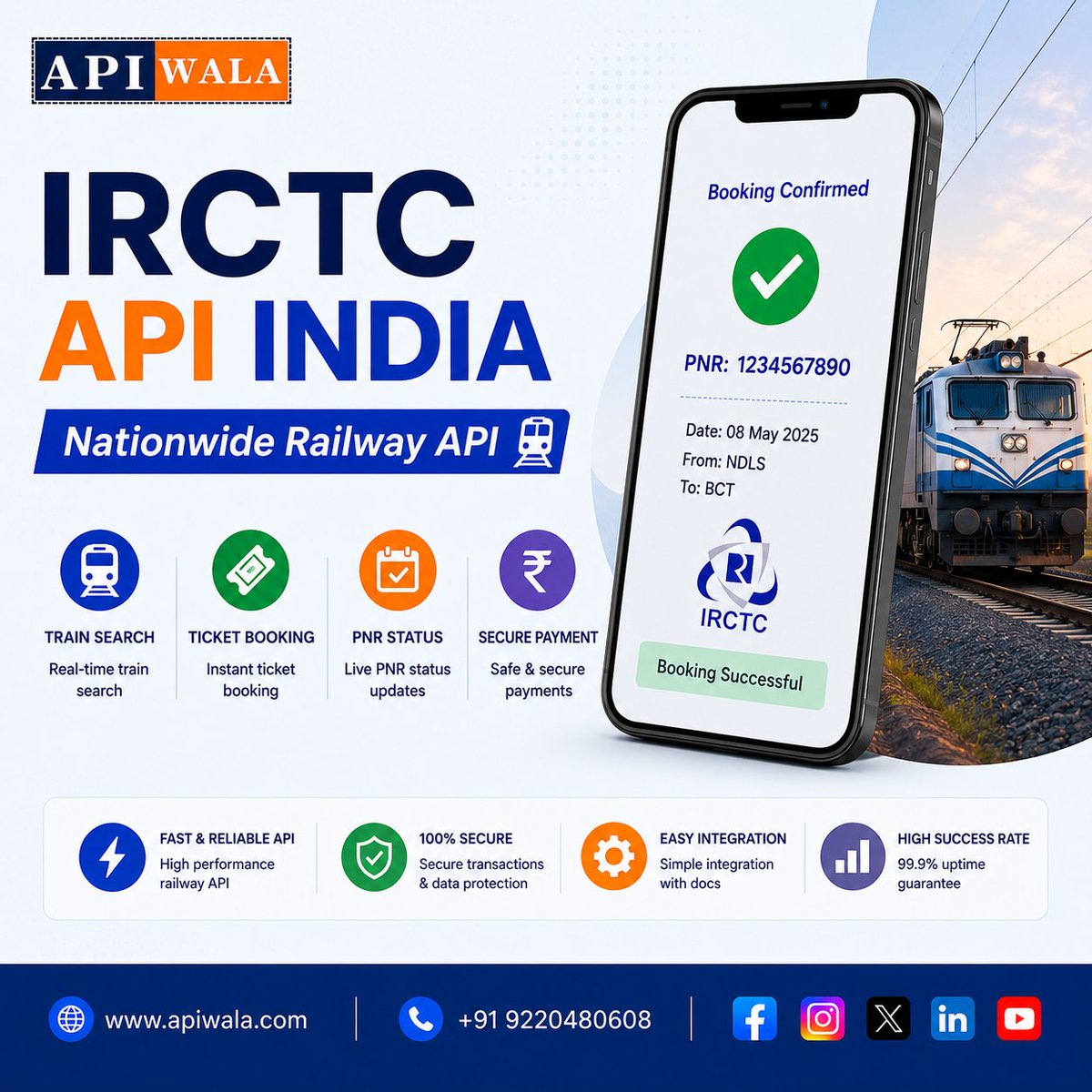 apiwala's tweet photo. 🚆 Power your travel business with the trusted IRCTC API India solution by APIWALA!
integration across India with a fast &amp; reliable platform. 🚀✨ Nationwide Railway API🌐 https://t.co/BBXFwXAnXR
📞 +91 9220480608 #APIWALA #IRCTCAPI #RailwayAPI #TrainBookingAPI #TravelAPI https://t.co/POHc0zFNhN