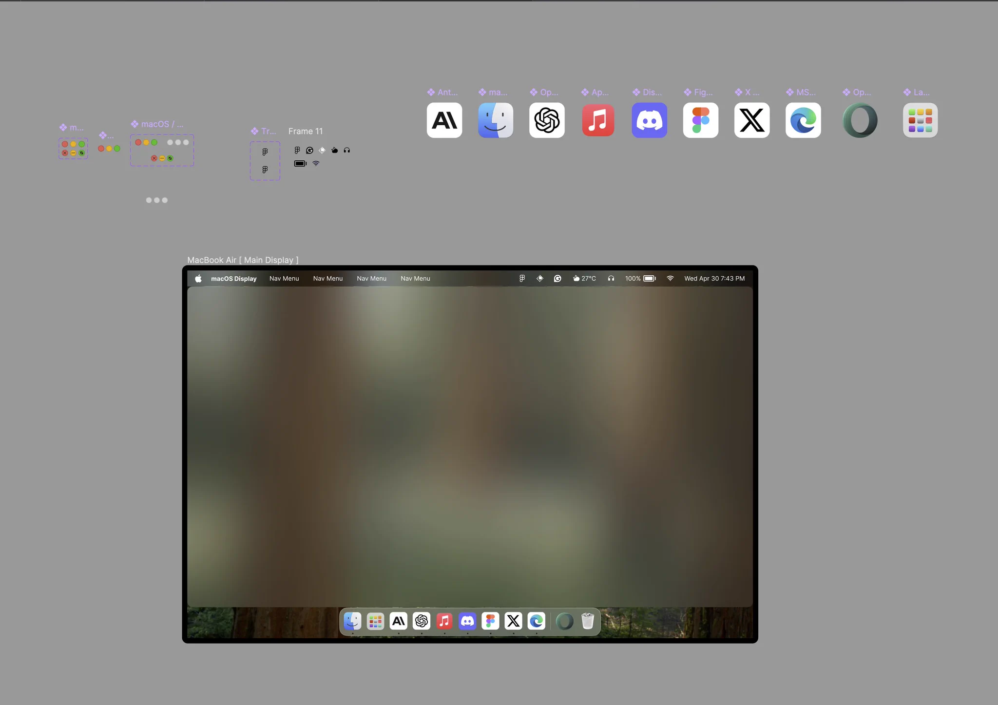 macOS 데스크톱 UI 키트 — 피그마 컴포넌트 캔버스