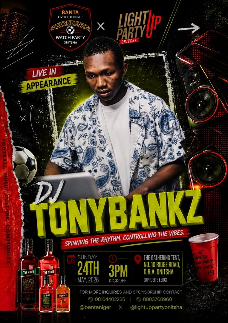bantaniger's tweet photo. Control the rhythm, control the room. DJ Tonybankz is on the decks Sunday. Banta Over the Niger. 3PM. Onitsha.  @bantaniger  x lightuppartyonitsha
#watchparty102 #onitsha #bantaniger #lightuppartyonitsha #onitshawatchparty #footballwatchparty https://t.co/Pa3RoKsIdL