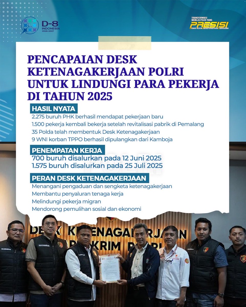 Desk Ketenagakerjaan Polri hadir sebagai solusi bagi pekerja yang mengalami PHK dan sengketa ketenagakerjaan. Hingga kini, sebanyak 2.275 buruh berhasil mendapatkan pekerjaan baru, sementara 1.500 pekerja di Pemalang kembali bekerja setelah revitalisasi pabrik.