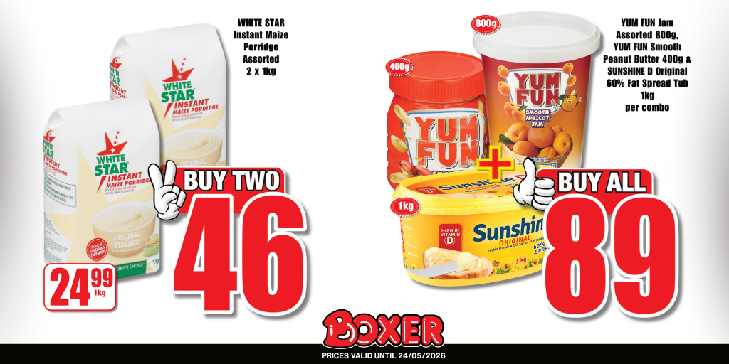 BoxerStores's tweet photo. Shop at Your Favourite Discount Supermarket for everyday lower prices and amazing in-store deals! Use your Boxer Rewards card to win prizes and get 1GB of free Boxercom data. Don't miss the Combo deals! Offers valid until 24th May 2026! #boxerstores #lowerprices https://t.co/vC8doTeNUx