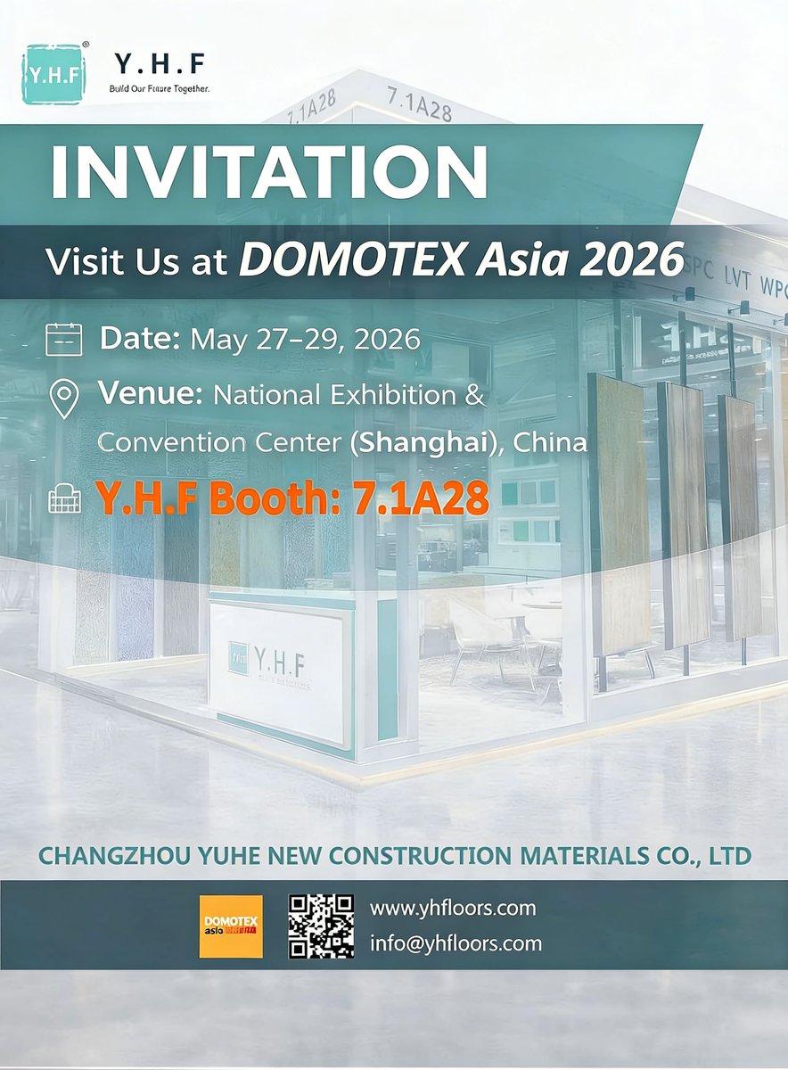 KevinWong9180's tweet photo. DOMOTEX ASIA/CHINA FLOOR in Shanghai, from 27th to 29th, May 2026.

Our Booth No.: 7.1 A28.  Welcome to visit 💪

#YHFkevin #Domotex2026 #vinylflooring #floorsolution #exhibition #homogeneous #ESDtiles https://t.co/oC9Q9r4f8k