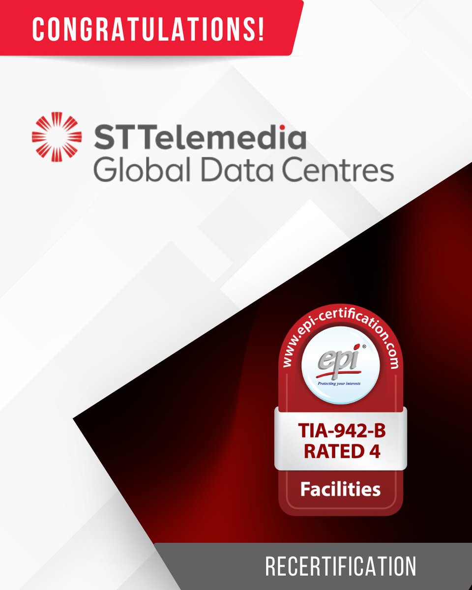 EPI_CDCP's tweet photo. Congratulations STT Limited, Hong Kong, on the recertification of your TIA-942-B Rated-4 Facilities Certification for HKIS-1!
View cert - https://t.co/Izjuqop56O

#TIA942B #Rated4 #datacenter #datacenteroperations #infrastructure #certification #EPIdatacenterservices https://t.co/g5uftviAEd