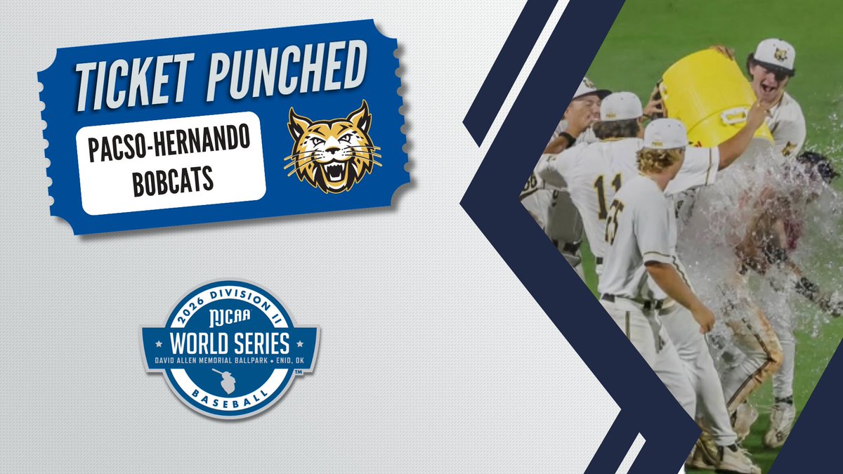 NJCAABaseball's tweet photo. The Bobcats are booking a flight back to Enid!

2025 Champions @AthleticsPHSC punch their ticket to the 2026 NJCAA DII Baseball World Series in Enid, OK.

https://t.co/Xzdv15cBed https://t.co/AMjCT5xrGc