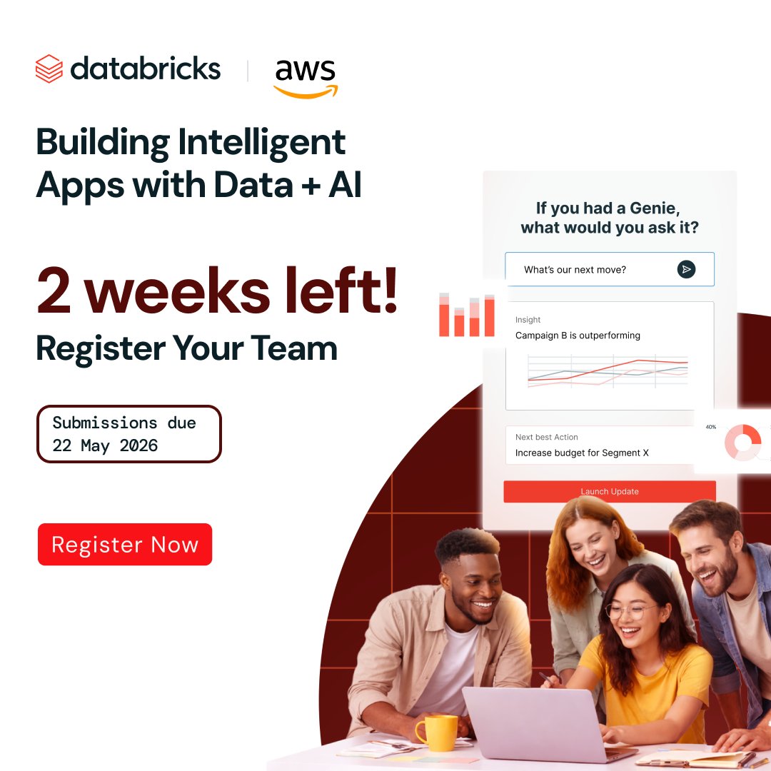 AngelHack's tweet photo. 🚨 Final 2 weeks to register.
Don't miss your chance to build a real AI-powered application using Databricks tools.
💰 US$68K in total prizes
👉 Register now: https://t.co/KHhElwQvPs https://t.co/1CGrtaF9ll