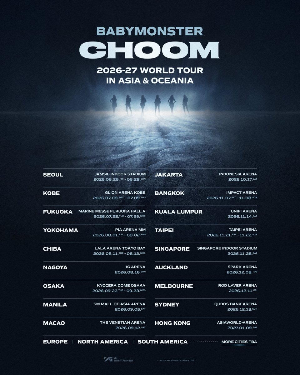 upcoming ‼️

2026-27 #BABYMONSTER WORLD TOUR [춤 (CHOOM)] IN KUALA LUMPUR 🇲🇾

📅 14 NOV 2026 | SAT
📍 UNIFI ARENA

#BABYMONSTER #BABYMONSTERinKL #WORLD_TOUR #춤 #CHOOMinKL