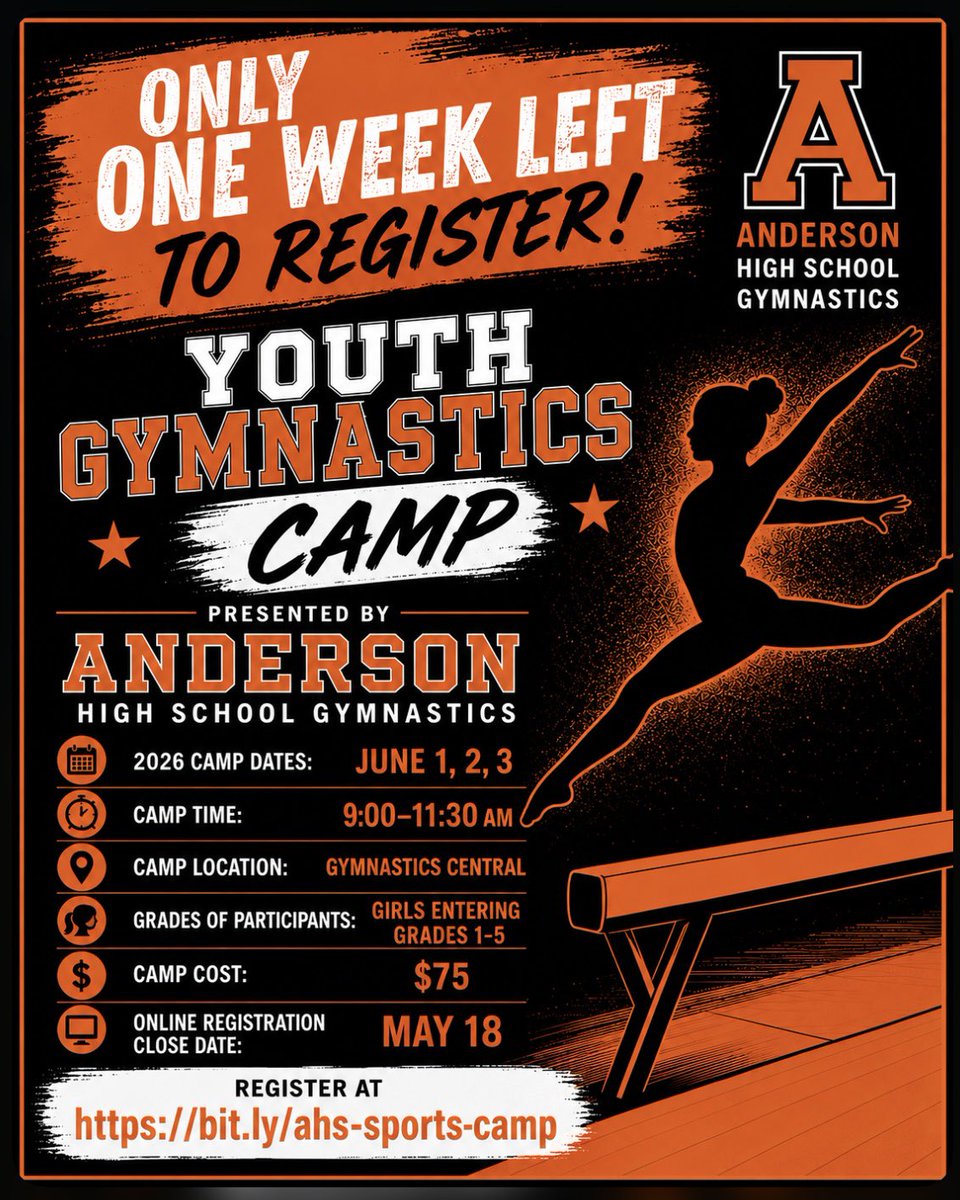 AndersonGymnast's tweet photo. Only one week left to register! https://t.co/s7klTGWN47 @AHSRaptorsAD @Boosters_AHS @AndersonRaptors @FHSchools @MadduxMustangs @SherwoodArcher1 @summitbees @ayerelementary https://t.co/ubPFPg5G27