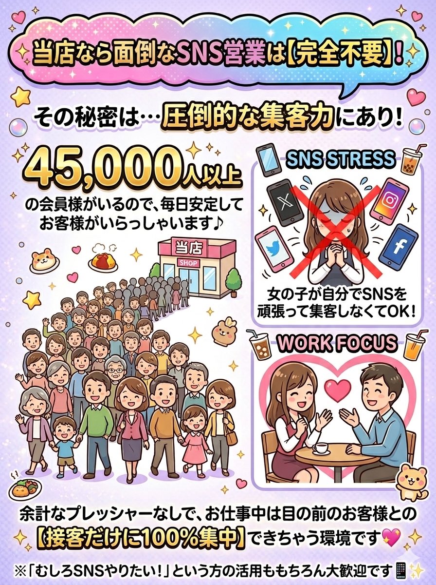 TOPvg9's tweet photo. 🌟面倒なSNS営業は【完全不要】🌟
当店は45,000人以上の会員様がいる圧倒的集客力！だから女の子が自分でSNS集客しなくてOK🙅‍♀️✨

余計なプレッシャーなしで、目の前の接客だけに100%集中できる環境です💖もちろんSNSやりたい方も大歓迎📱✨

#SNS不要 #SNS営業なし #集客不要 #集客はお任せ https://t.co/9M4ZpFYfzf
