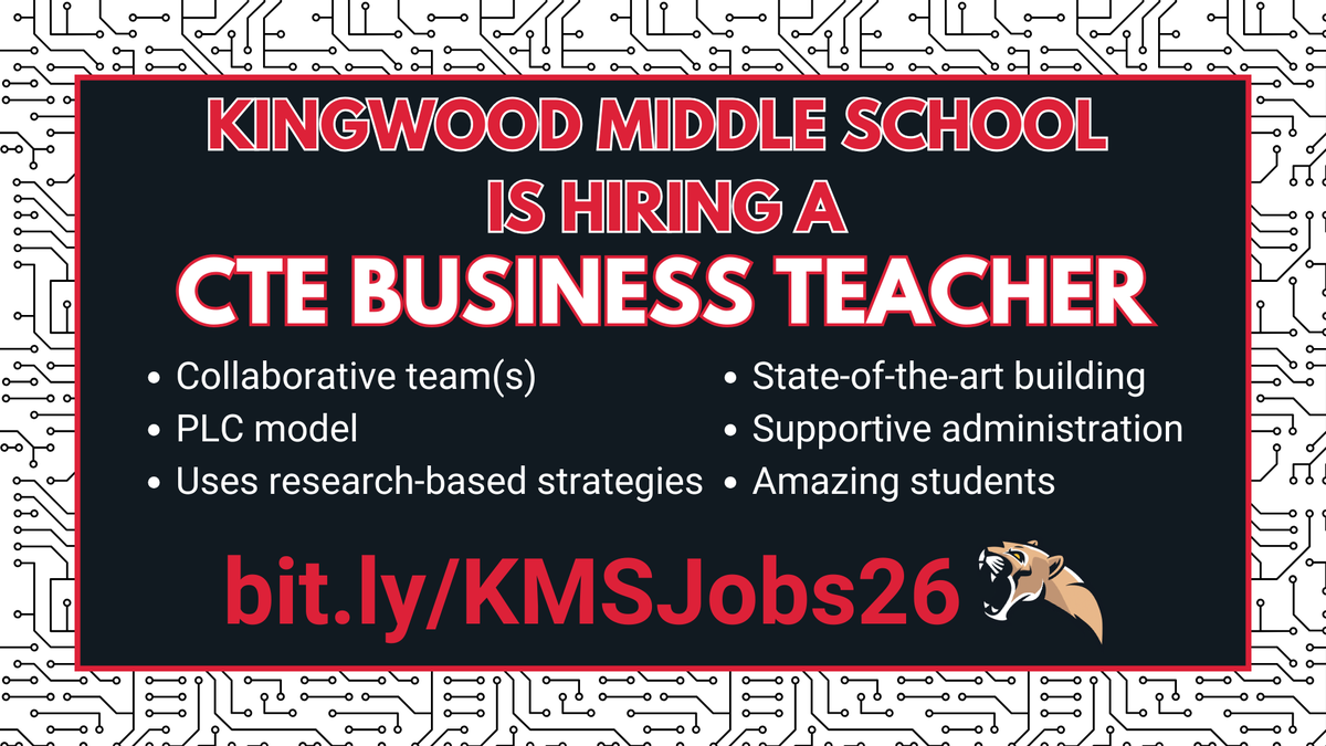 HumbleISD_KMS's tweet photo. KMS is hiring a CTE Business Teacher! If you're passionate about preparing students for success in the business world &amp; thrive in a collaborative environment, we’d love to have you on our team. DM, email, or apply online at https://t.co/DSDu2vfjrD #KMSCougarPride🐾 https://t.co/T62RrRa2LG