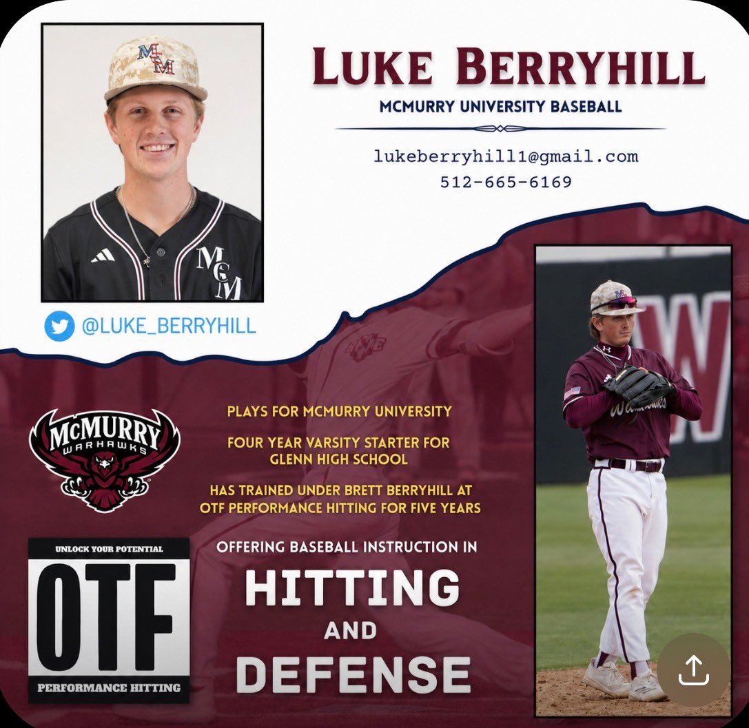 luke_berryhill's tweet photo. ⚾ SUMMER BASEBALL LESSONS NOW    OPEN⚾

Whether you’re looking to improve hitting, fielding, or overall fundamentals, I’m here to help players grow their skills and confidence on the field.

Contact me for price, availability, and more information! https://t.co/pOSaf2eE2C