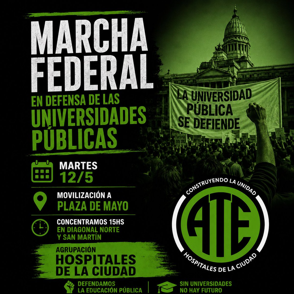 AteGcba's tweet photo. LOS TRABAJADORES DE LA SALUD DEFENDEMOS LA UNIVERSIDAD PÚBLICA

Desde la Agrupación Hospitales de la Ciudad convocamos a todas y todos los trabajadores de la salud a movilizarnos en defensa de las universidades públicas, contra el ajuste y el vaciamiento. https://t.co/aCLfkFUyIO