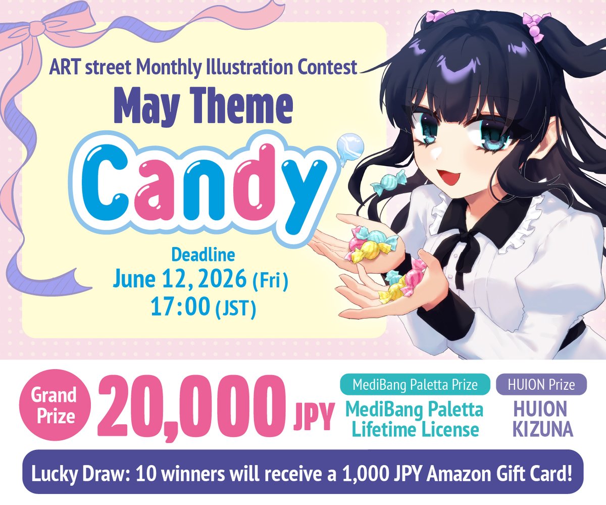 MediBangPaint_e's tweet photo. ／
📢 ARTstreet Monthly Illustration Contest is now open!
＼
🍭 This month's theme: "Candy"!
💫 Celebrating the official release of MediBang Paletta!
　 Chance to win a Lifetime License 🥳
🎁 Plus, win a HUION pen tablet or 20,000 JPY! 👀
▼ Click here for details!
https://t.co/PygbEFS6MT

⏰ May 15 (Fri) – June 12 (Fri) 17:00 (JST)
🌟 We will also feature artworks on this account once a week!

We look forward to seeing your entries! 🎨

#illustration #MediBangPaletta