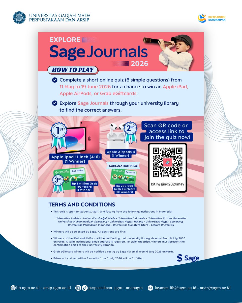 UGMLibrary's tweet photo. Yuk ikuti Explore Sage Journals 2026 Quiz dan jelajahi berbagai sumber ilmiah dari SAGE Publishing hanya dengan menjawab 6 pertanyaan sederhana! 💡 https://t.co/pzlLpx6KXN